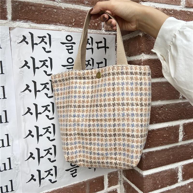 81 woolen plaid bento bag tote bag fresh women walking lunch box small carry bag