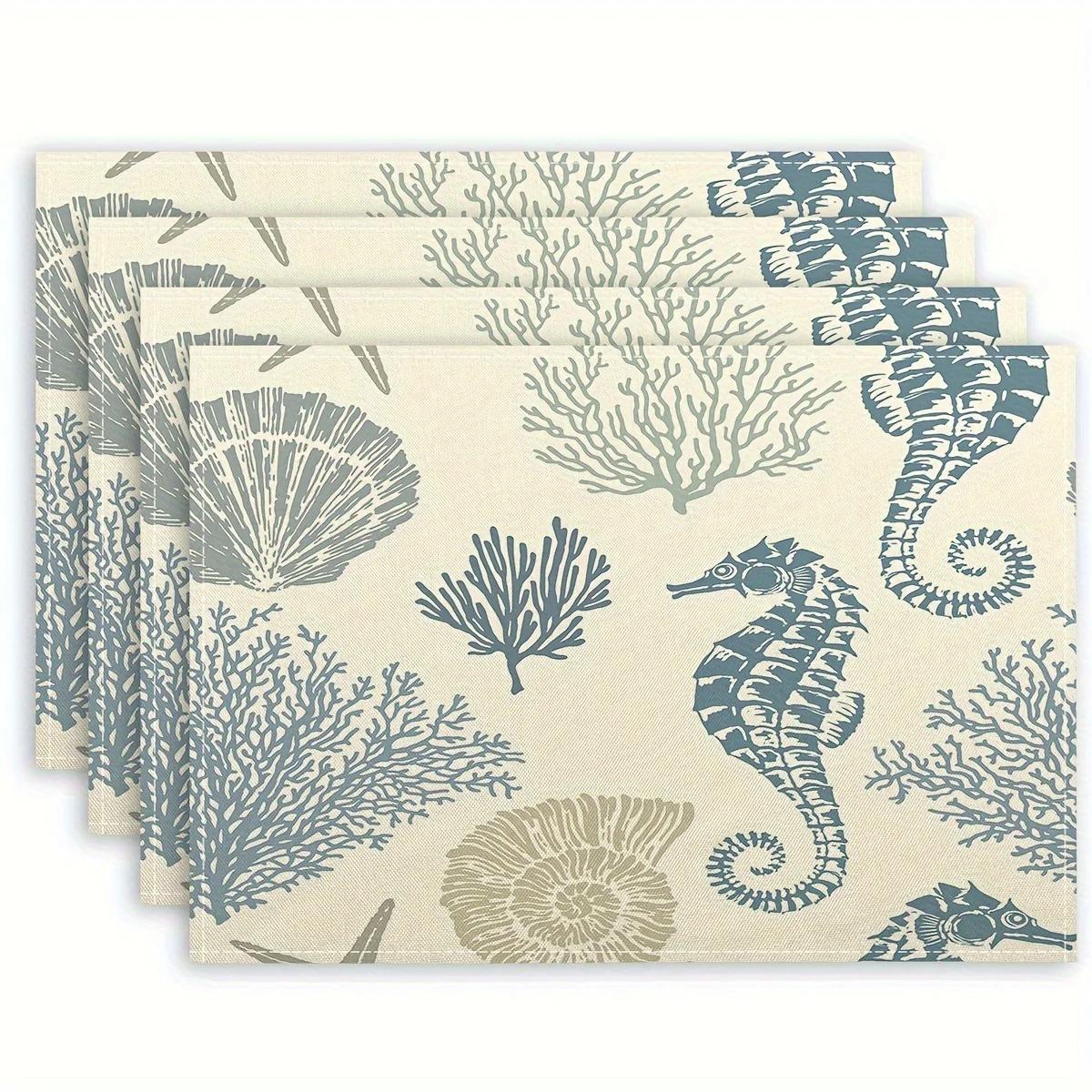 Mediterranean Blue Tile Lemon Print Linen Placemat Waterproof Heatproof Non Slip Table Mat for Coastal Home Dining Decor 4pcs
