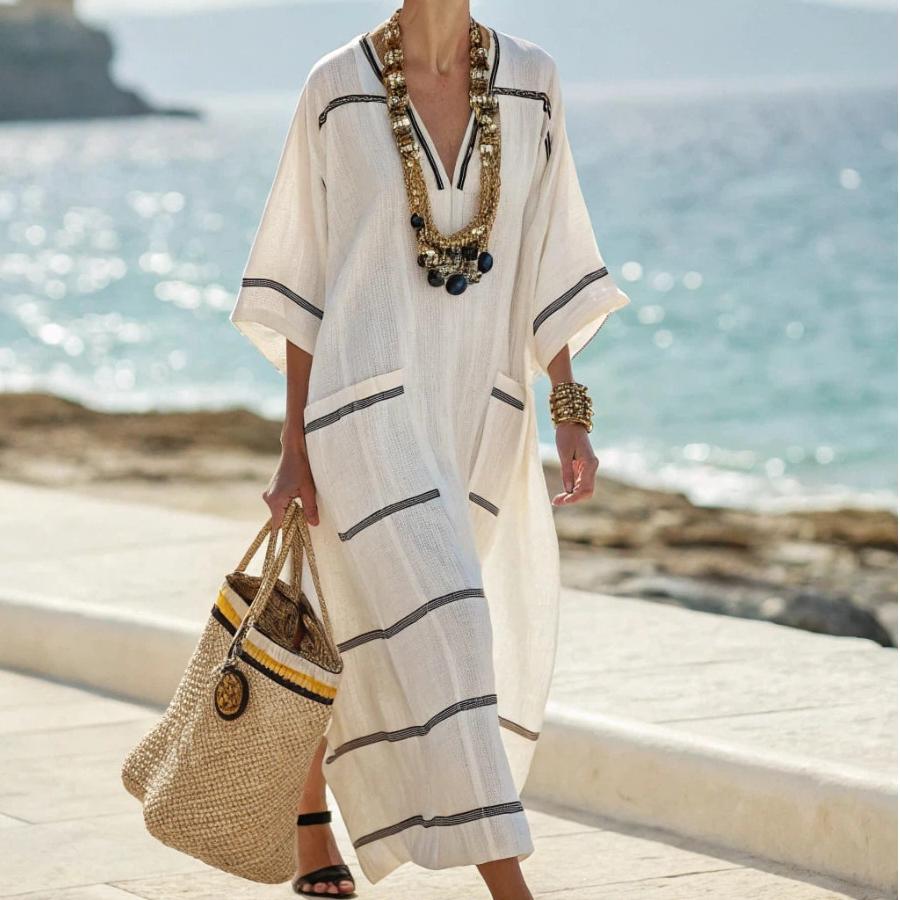 Summer Elegant Plus Size Kaftan Maxi Dress V Neck Half Sleeve Geometric Print Loose Fit Flowy Big Swing Casual Beach Vacation Holiday Long Dress