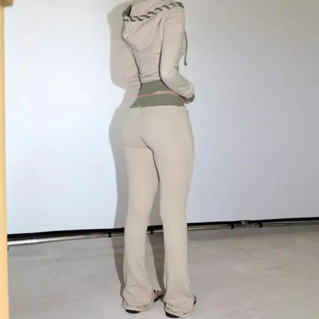 2KWEIRD Autumn Winter Casual Sports Solid Color Splicing Knit Hoodie 2 Piece Sets Woman Outfit Pantsuits