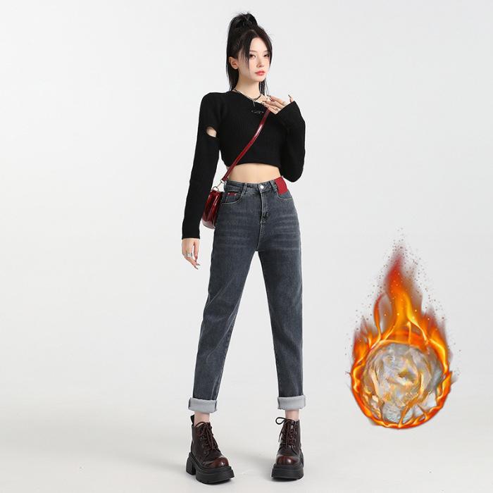 Retro Blue Plus Velvet Harem Jeans for Women, High Waist Loose and Slim Straight Large Size Carrot Dad Pants