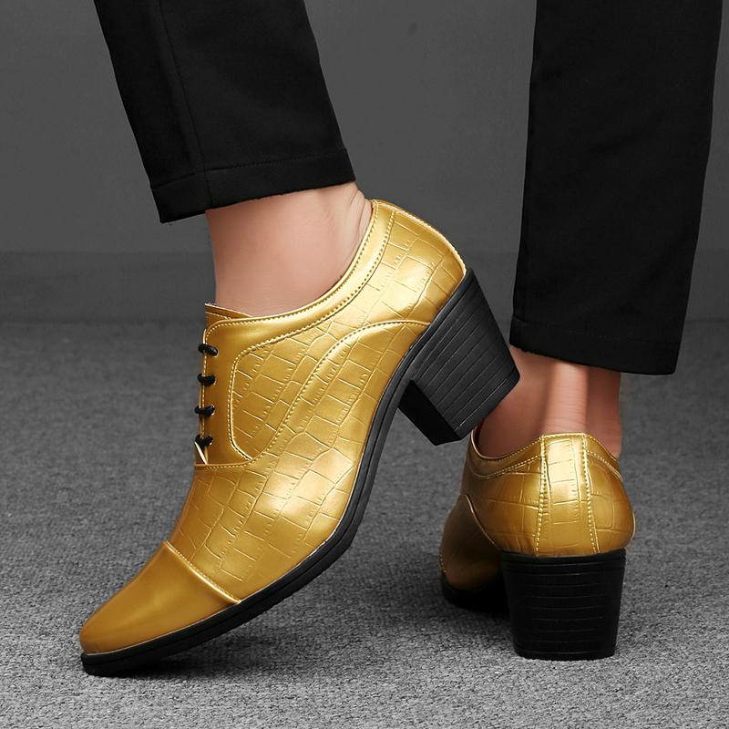 2026 Luxury Golden High Heel Shoes Men Fashion Business Formal Shoes Man Wedding Shoes Size 46 Pointed Toe Leather Shoes Men