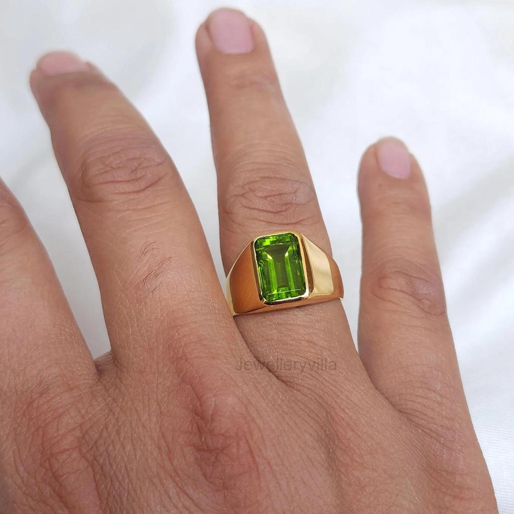 Natural Green Peridot 925 Sterling Silver Gemstone 14K Yellow Gold Fill Ring Jewelry