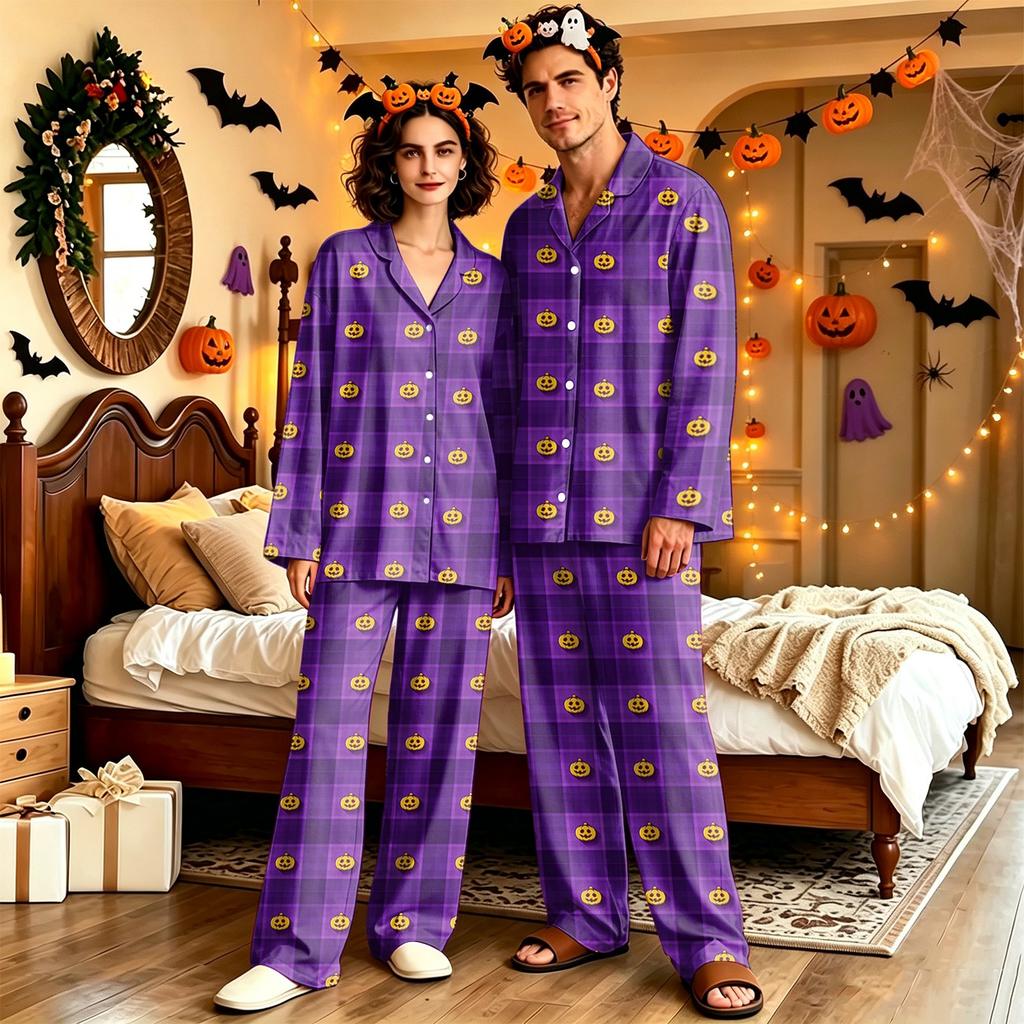 Adult Halloween Print Long Sleeve Pajama Set with Pants, Casual Loose Fit Loungewear