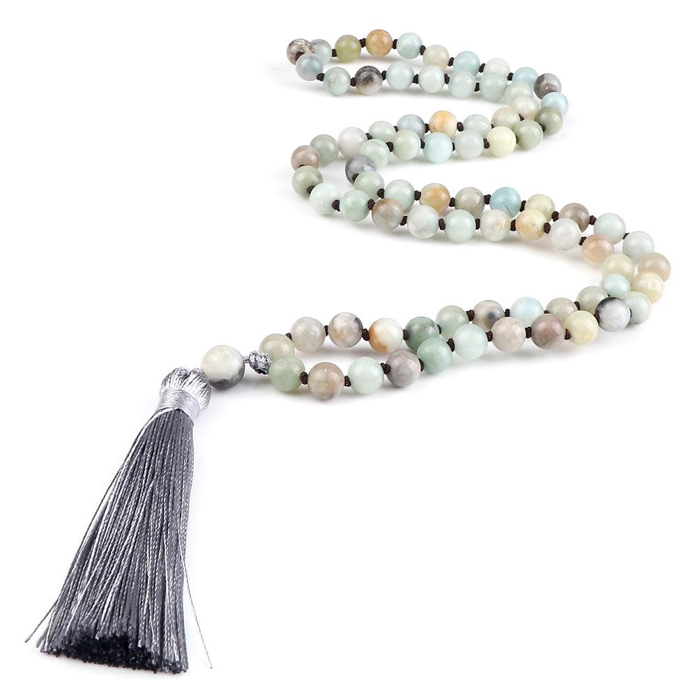European 8mm Stone Bead Tassel Necklace and Multi-Strand Buddhist Bead Bracelet