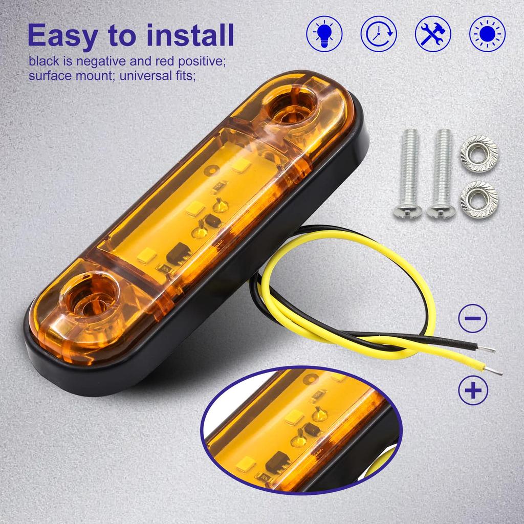 LED Side Marker Lights 3-LED Track Position Lamp 24V Waterproof Universal Yellow Pack of 6