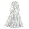 Accessible Luxury French Style Fancy Stand Collar Dress Female Lantern Sleeve Embroider Lace-up Waist-Controlled Design Graceful Long Expansion Skirt