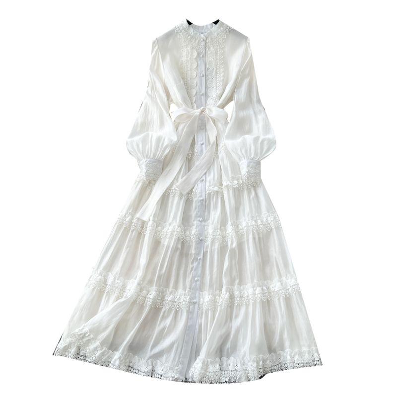 Accessible Luxury French Style Fancy Stand Collar Dress Female Lantern Sleeve Embroider Lace-up Waist-Controlled Design Graceful Long Expansion Skirt