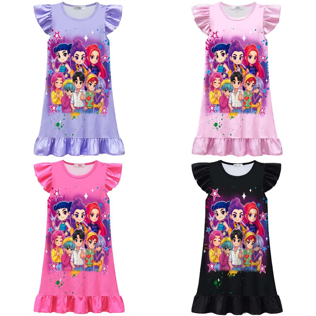 Kpop Demon Hunters Cotton Short Sleeve Sleep Dress For Kids Summer Wear