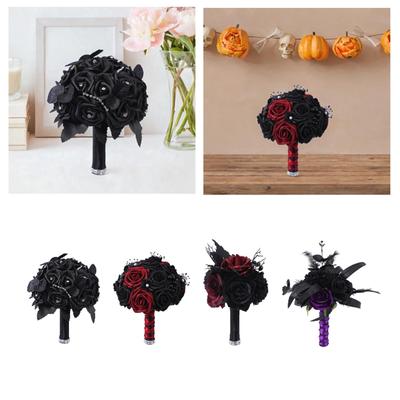 Artificial Flower Halloween Black Rose Silk Bouquet for Gothic Party Event Table DIY Arrangement Decor