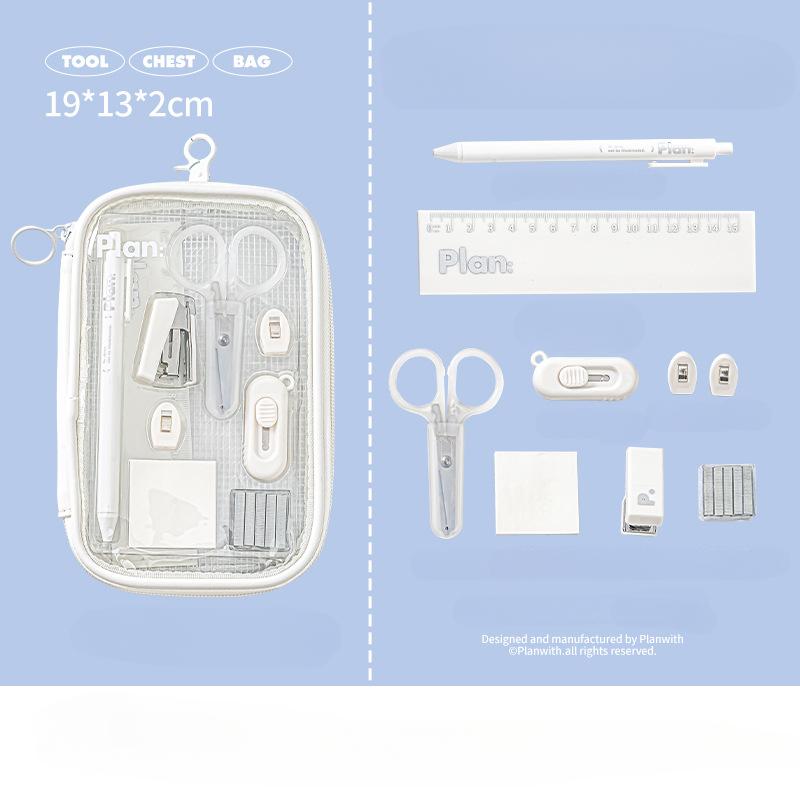 Mini Student Stationary Set for Kids Simplicity Blue White Color Pen Ruler Stapler Scissors Knife Set School Supplies Practical