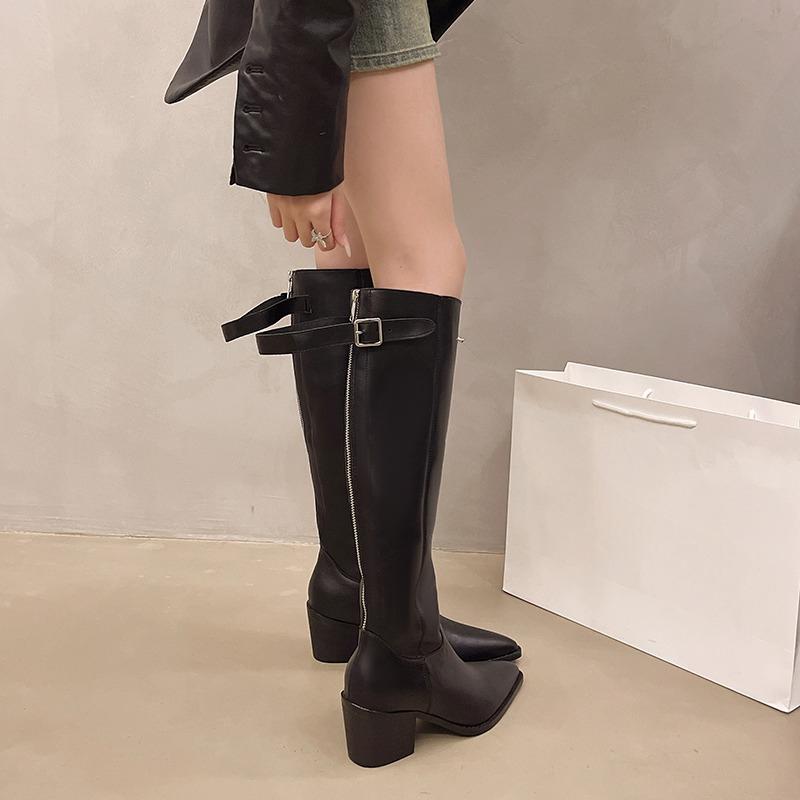 Fashion Pointed Toe Female Footwear 2024 Autumn Simple and Versatile Women's Knee-high Boots Comfortable Square Heel Black Straight Boot