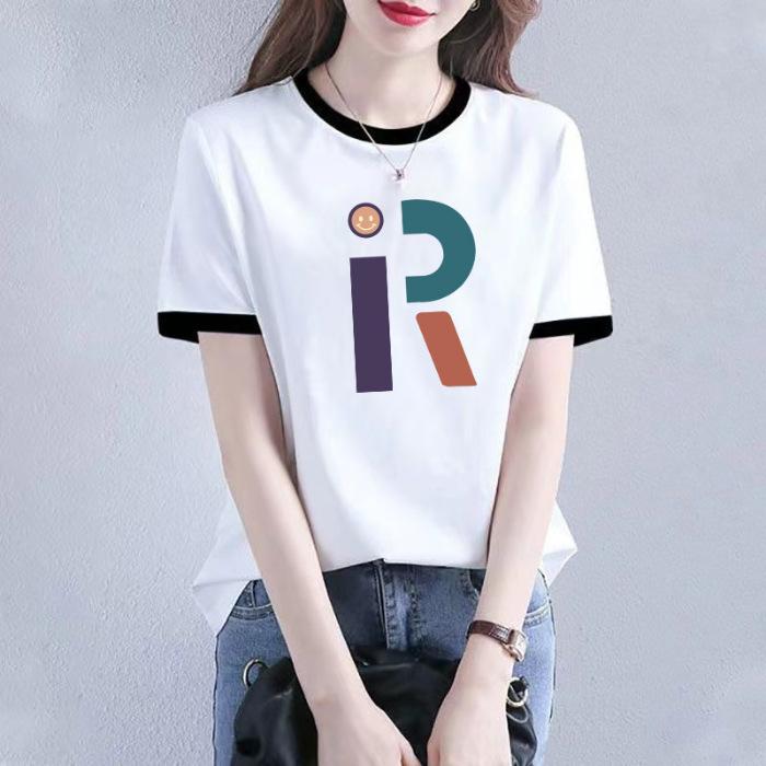

Женская футболка с коротким рукавом из чистого хлопка, лето 2023, модная футболка европейской станции с контрастными цветами, свободный и универсальный топ в стиле инс M белый