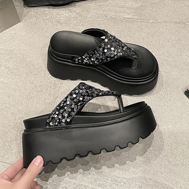 Fashion 8.5CM Heels Chunky Platform Slippers Women Bling Open Toe Thick Bottom Wedges Sandals Woman Summer Female Beach Flip Flops