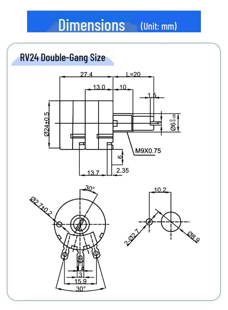 Dual-Gang Carbon Film Potentiometer: RV24YG20S, Variable Frequency Speed Control with B102/202/502 Knob Scale, Available In 5K/20K Ohm.