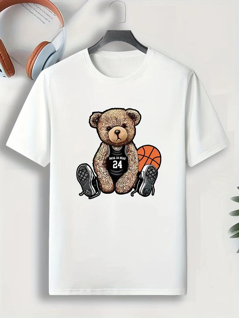 Men's Basketball Bear Cartoon Print Round Neck Short Sleeve T-shirt Casual Fashion Graphic Tee Loungewear Pajamas Top For Summer