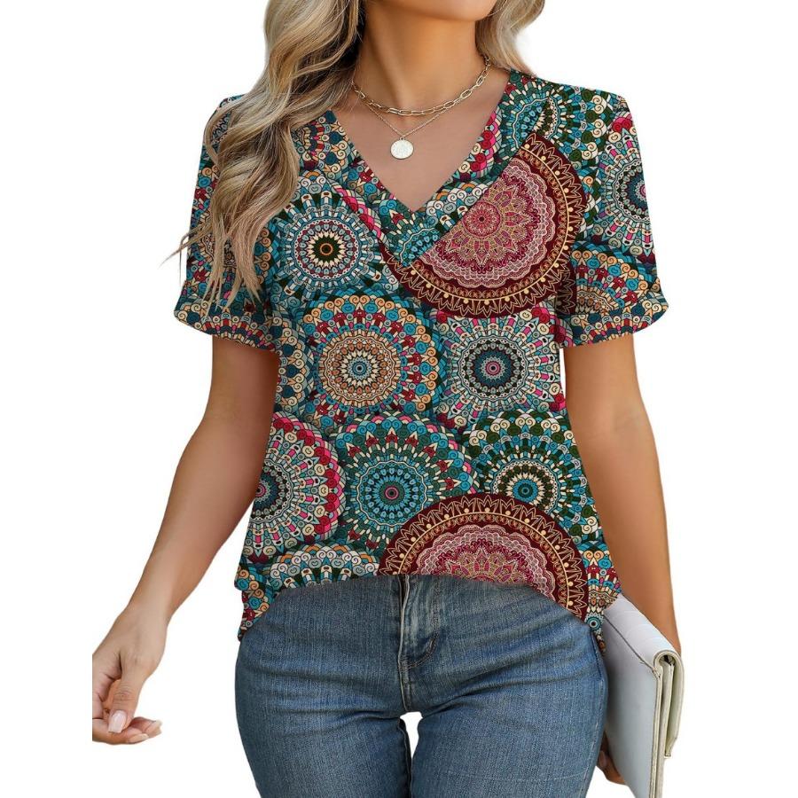 Women Fashion V Neck Short Sleeve 3d Print T Shirt Summer Comfortable Sportwear Tops