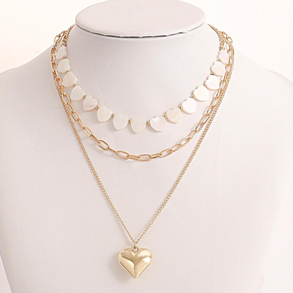European and American Style Multi-layer Imitation White Fritillary Love Pendant Necklace Female Exaggerated Big Peach Heart Necklace