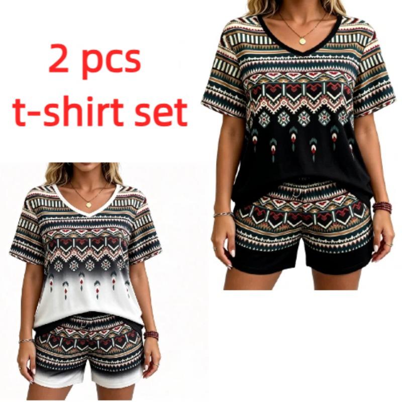 European Streets Summer Fashion Bohemian Ethnic Style Printed V-Neck Short Sleeved T-Shirt And Shorts Set Women's and Men's T-shirt Shorts Set