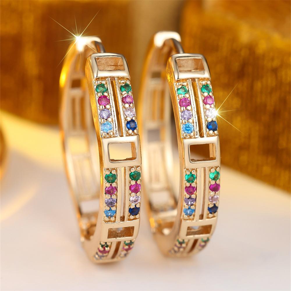 Trendy Hollow Square Rainbow Zircon Round Stone Hoop Earrings For Women Vintage Gold Color Small Ear Buckle Wedding Jewelry Gift