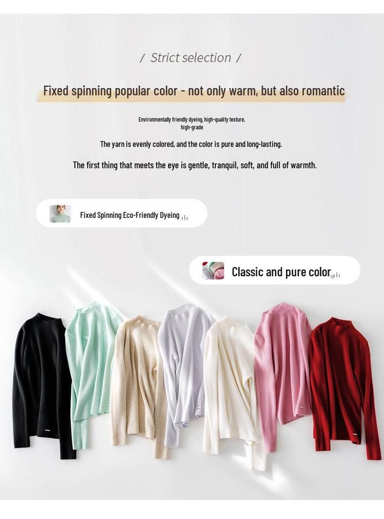 Women's 100% Pure Cashmere Ribbed Slim Fit Half-High Neck Sweater - Long Sleeve Gentle Style Base Layer