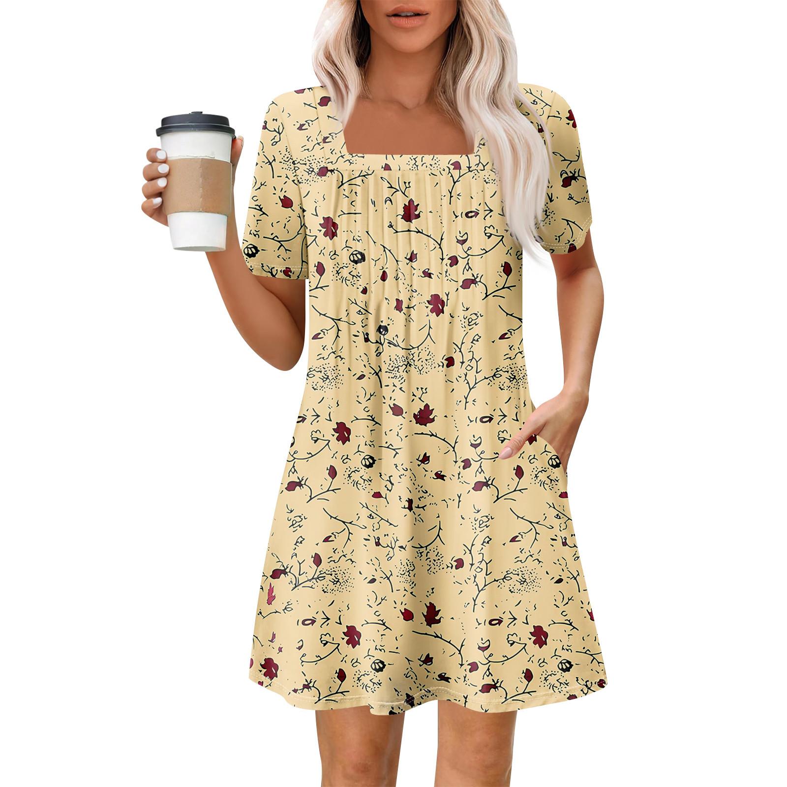 

Женские летние повседневные платья с квадратным вырезом, плиссировкой спереди и карманом, с короткими рукавами и принтом M жёлтый