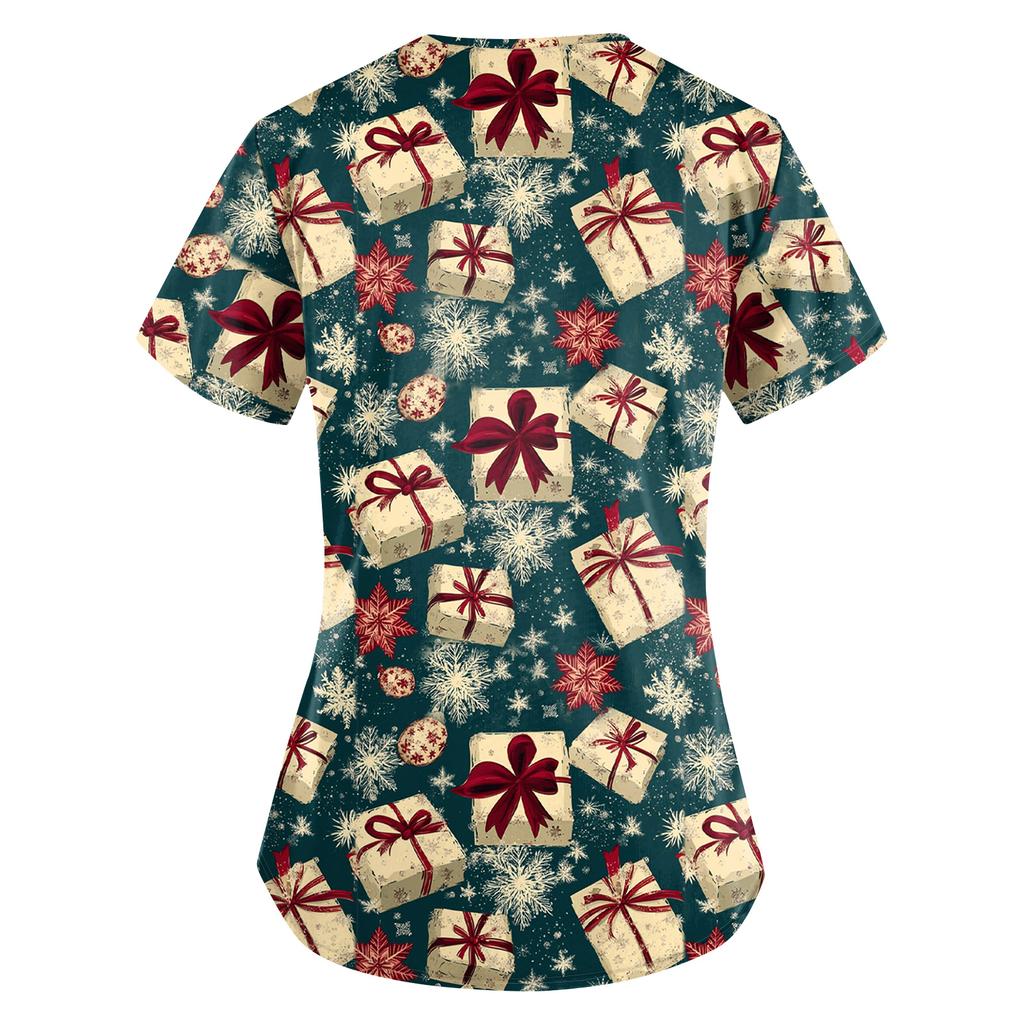 Women's Cute Bow Printed Work Clothes V-neck Double Layer Pockets Basic Short Sleeve Top Pullover