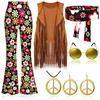 Women Peace Love Girls Hip Indian Retro Hippie Disco 60s 70s Cosplay Costume Tassels Vest Pants Cardigan Halloween Stage Party