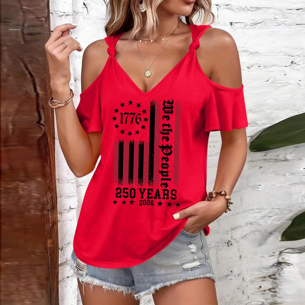 T-shirt Femme Décolleté Bardot Bretelles à Nouer Manches Courtes Décontracté avec Graphique Impression Drapeau 1776 Jour de l'Indépendance Haut 250 Ans 2026