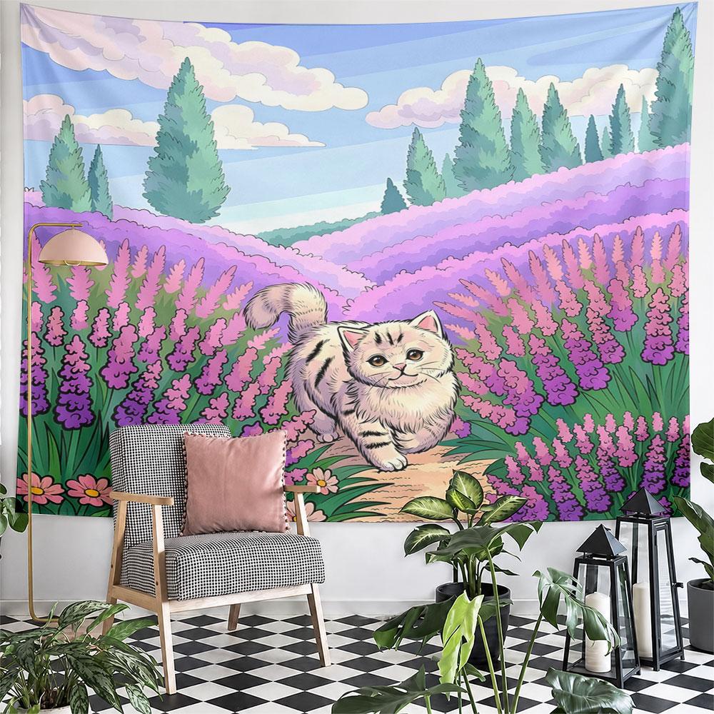 Cat Strolling in Lavender Fields Pattern Wall Hanging Tapestry Decorative Tapestry Home Decor for Bedroom and Living Room