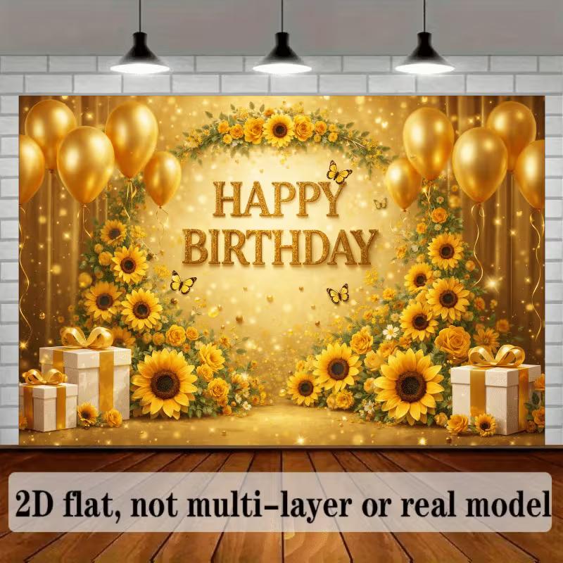 2D Sonnenblume Gold Geburtstag Fotografie Hintergrund mit Ballons & Geschenken