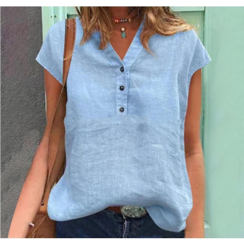 BITCED Women's Fashion Casual Solid Color Print Short Sleeve V-Neck   Blouses & Shirts