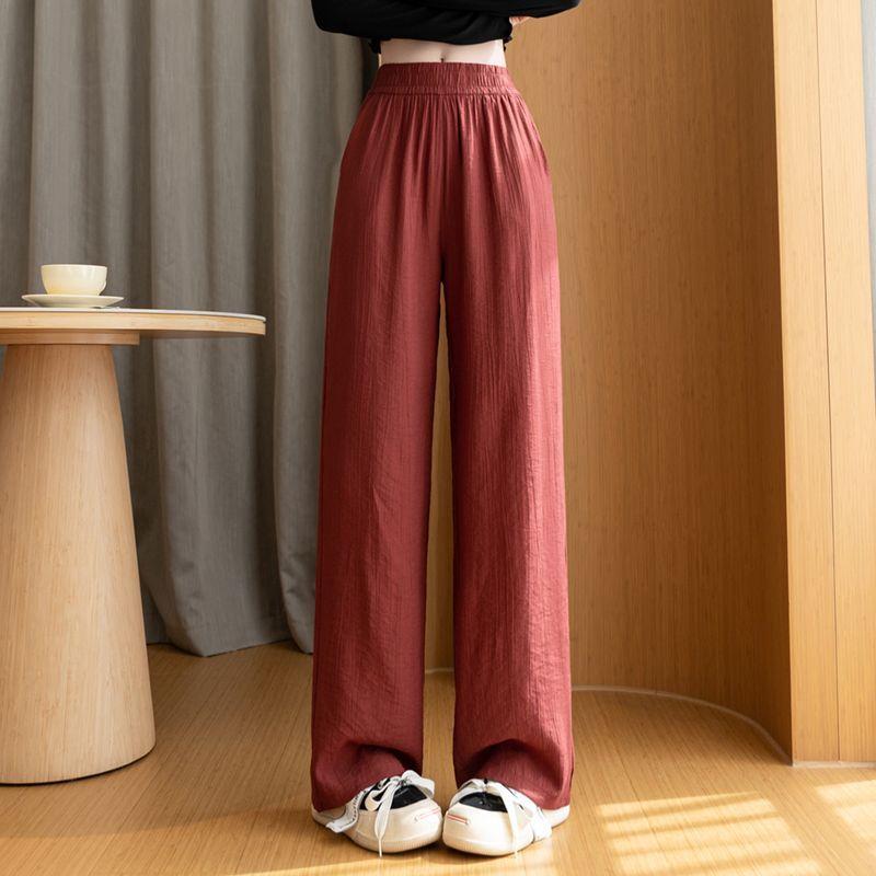 Women Elastic High Waist Linen Wide Leg Long Pants Loose Casual Floor Length Trousers with Pockets Summer Daily Vacation Soft Pants