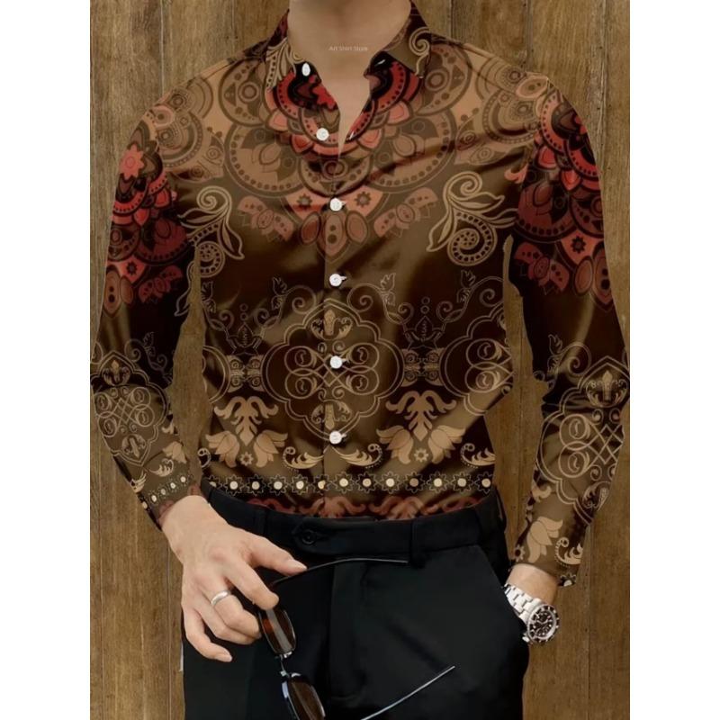 Men's New Retro Totem Flower Pattern Light Luxury Business Casual Long Sleeved Shirt Baroque Red Brown Interwoven Top