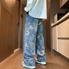 American street print jeans men's autumn trendy brand vibe style loose and versatile design sense mopping wide leg pants