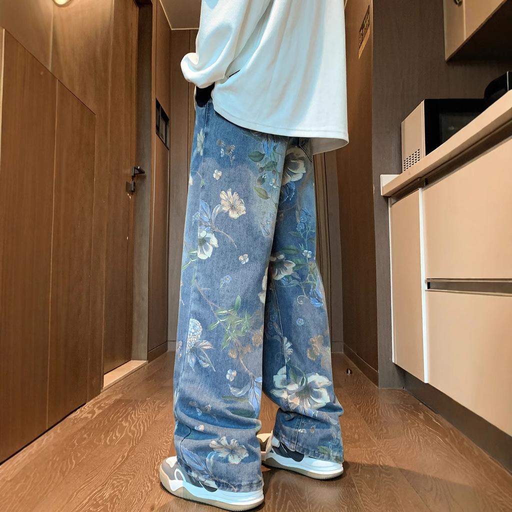 American street print jeans men's autumn trendy brand vibe style loose and versatile design sense mopping wide leg pants