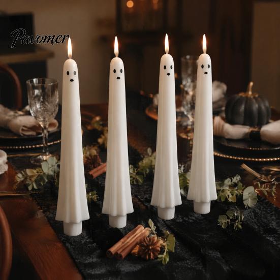 Halloween Ghost Candle Lights Flameless Taper Candles, Battery Operated Flickering Light with Real Wax Texture Candles Remote, 3D Wick LED for Dinner