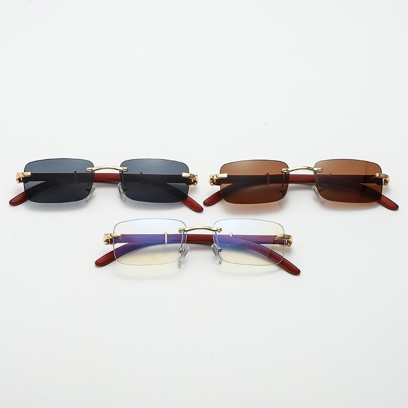 2pcs Rectangle Rimless Sunglasses Women Square Eyeglasses Luxury Brand Designer Retro Wooden Frame Gradient Sun Glasses UV400