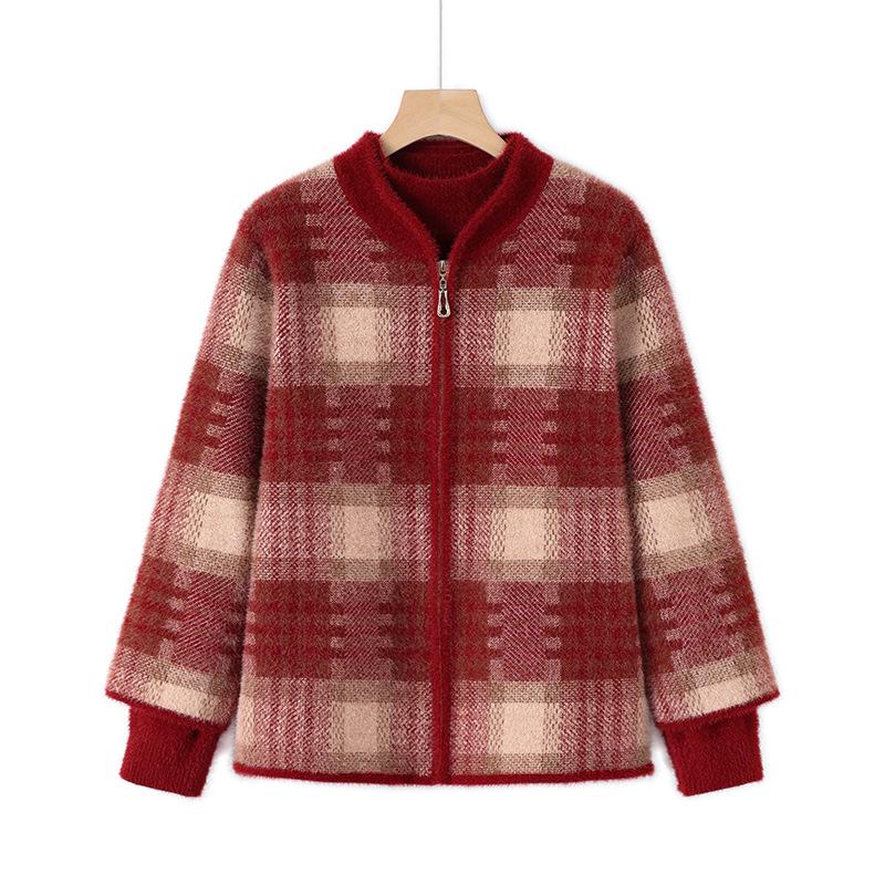 Women's Velvet Thick Coat with Half-high Collar, Winter Knit Two-piece Set for Middle-aged and Elderly Mothers