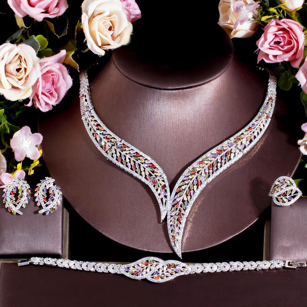 Color Chain Dinner Dress Wedding Match Necklace Earrings Bracelet Ring Four-Piece Jewelry