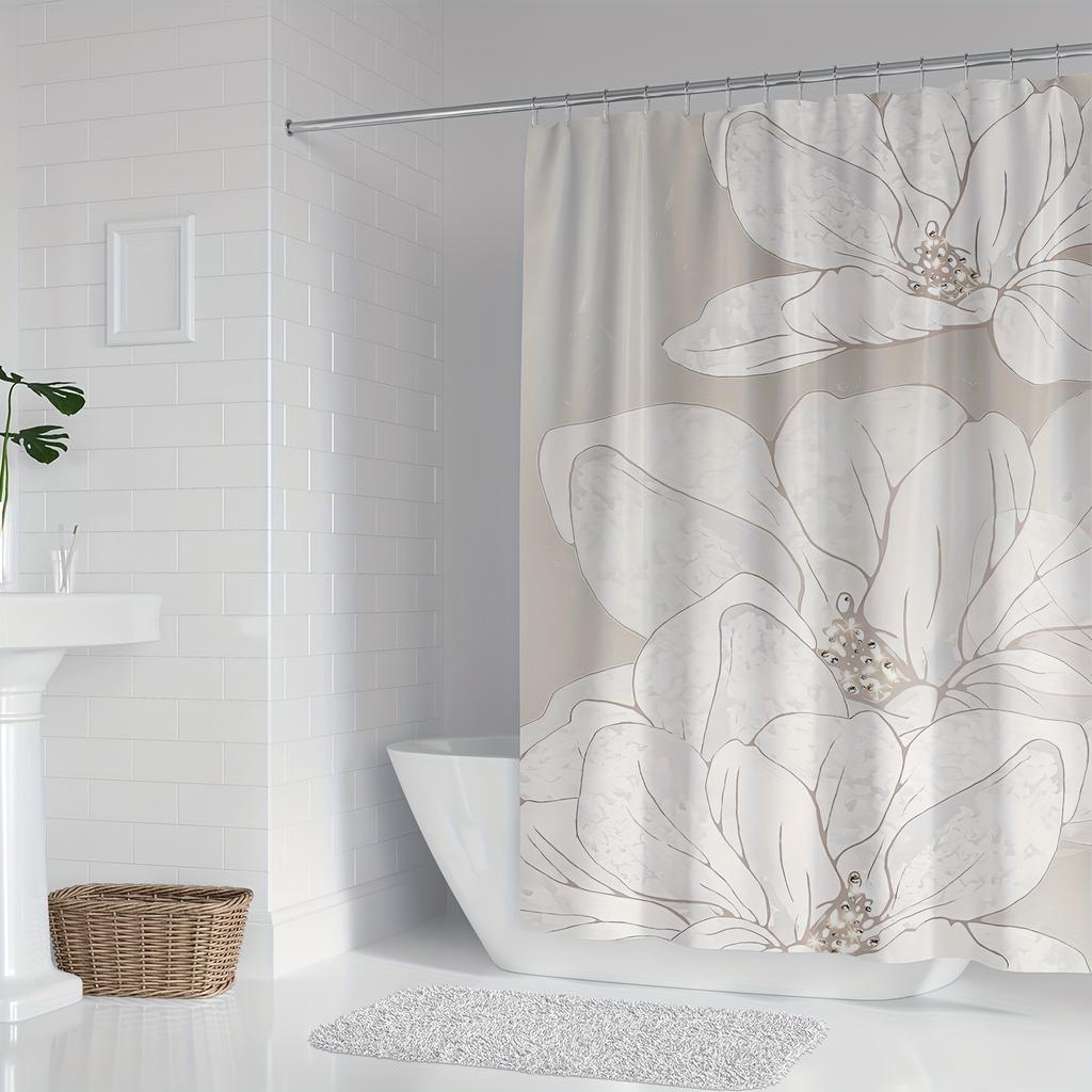 1 Modern Floral Shower Curtain - Polyester Bathroom Decor, White Flowers and Beige Background, Machine Washable, Modern Decor