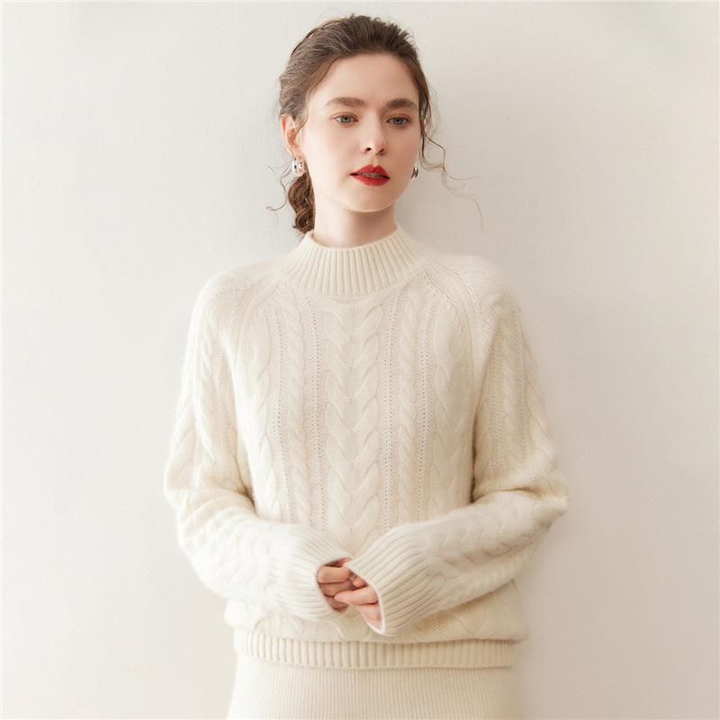 Women's Autumn Winter Cashmere Cable Knit Half Turtleneck Sweater - Solid Color, Slimming, Long Sleeve, Soft