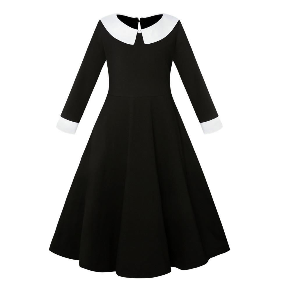 Addams Family Cosplay Girls' Long Sleeve Dress For Children Black Polyester Fabric