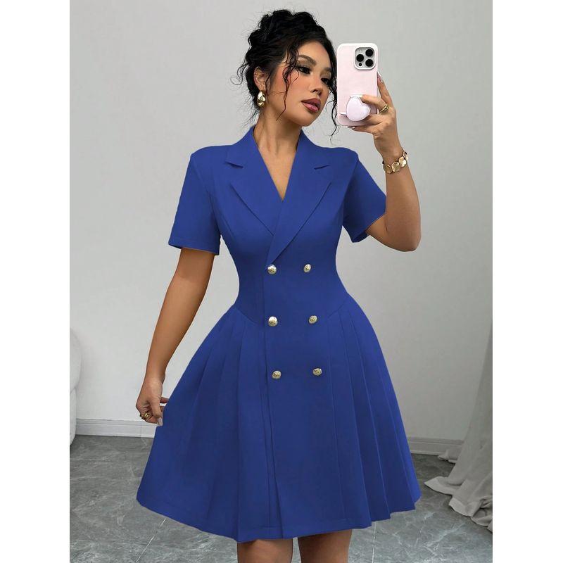 and American Plus size Temperament Work Commute Short dress Summer New Solid Short sleeve Waist Hugging Double Breasted One piece Dress Women clothing
