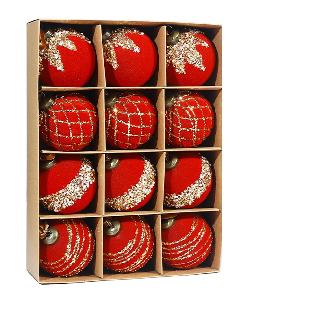 Painted Plastic Christmas Tree Decorative Hanging Ornaments, 8cm 12pcs Flocked Christmas Ball Set