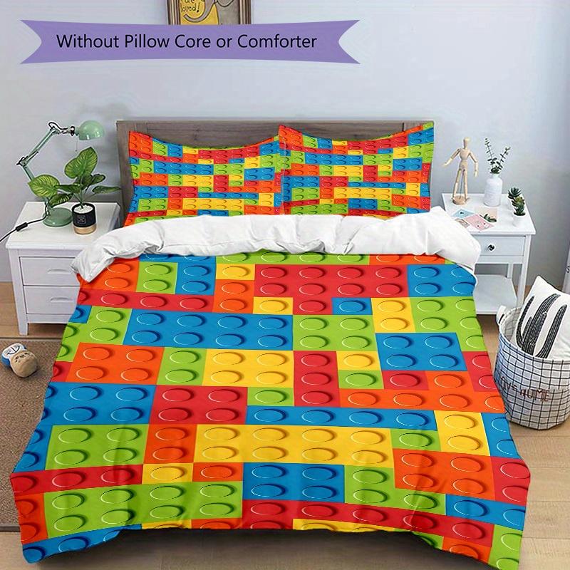 3pcs set Building block jigsaw puzzle 1 Quilt Cover + 2 Pillowcases, All Seasons Bedroom Setting, Perfect for Home and Dorm Decor a186