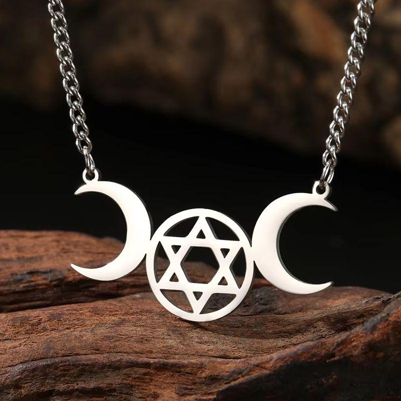 Dawapara Triple Moon Hexagram Necklace Jewish Star of David Moon Phase Pendant Wiccan Goddess Jewelry Stainless Steel