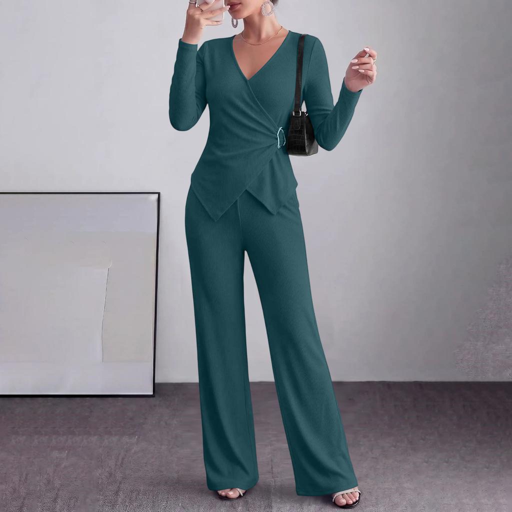 Women's Two Piece Outfit Long Sleeve V-Neck Button Top with Wide Leg Pants and Chest Buttons