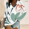 Women Plus Size V Neck Long Sleeve Heart Print Top Curved Hem