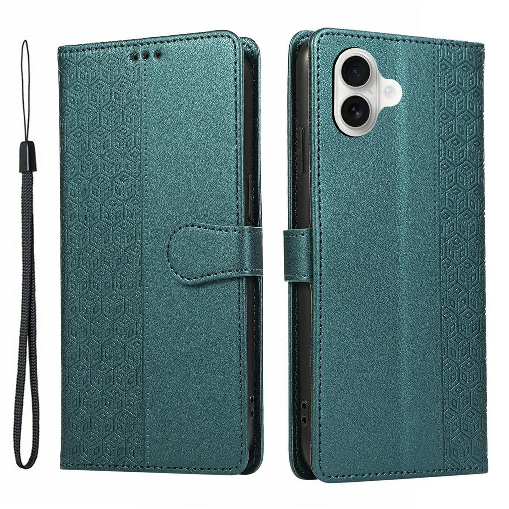 For iPhone 17 Case Splicing Imprinted Rhombus Leather Phone Cover with Wrist Strap